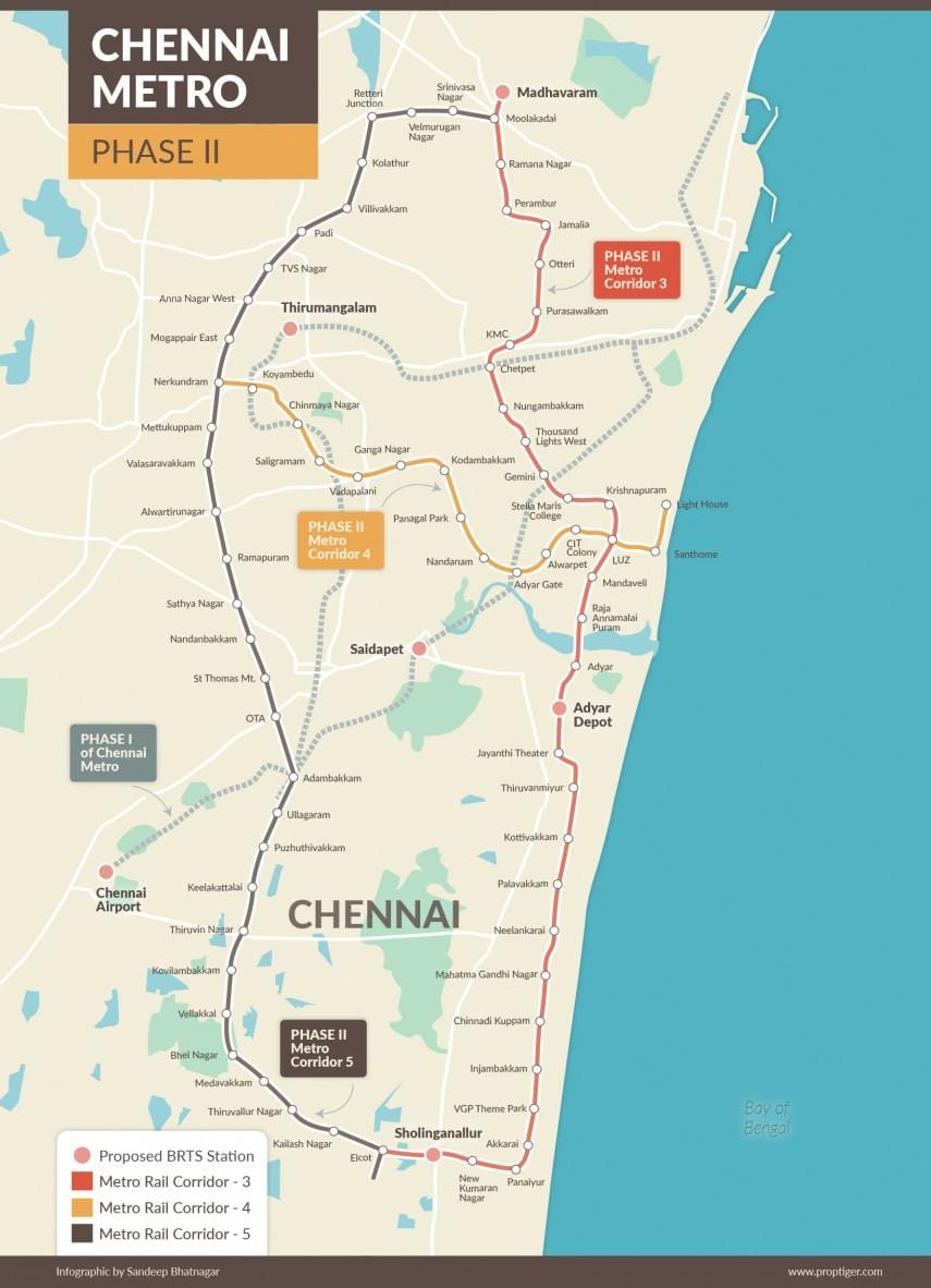 metro trenbide Chennai ibilbidea mapa 2. fasea