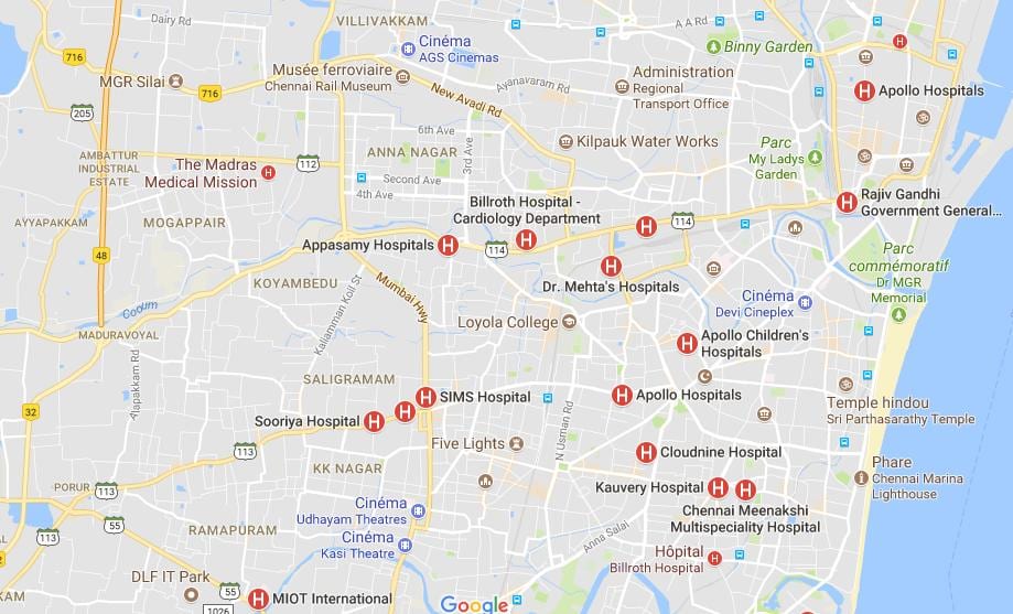 mapa Chennai Ospitaleak 